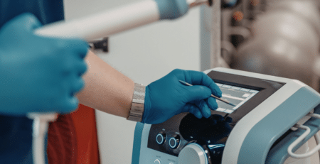 Medical staff adjusting medical device on screen using stylus