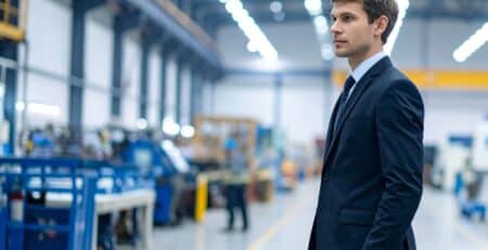 manufacturing executive standing on factory floor looking off to the side at machines