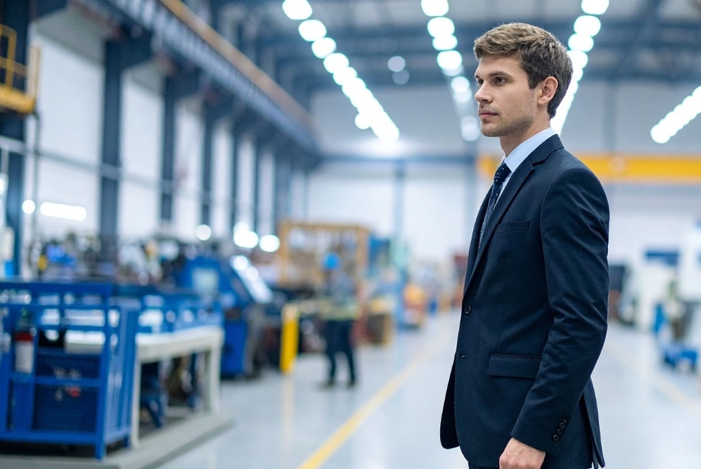 manufacturing executive standing on factory floor looking off to the side at machines